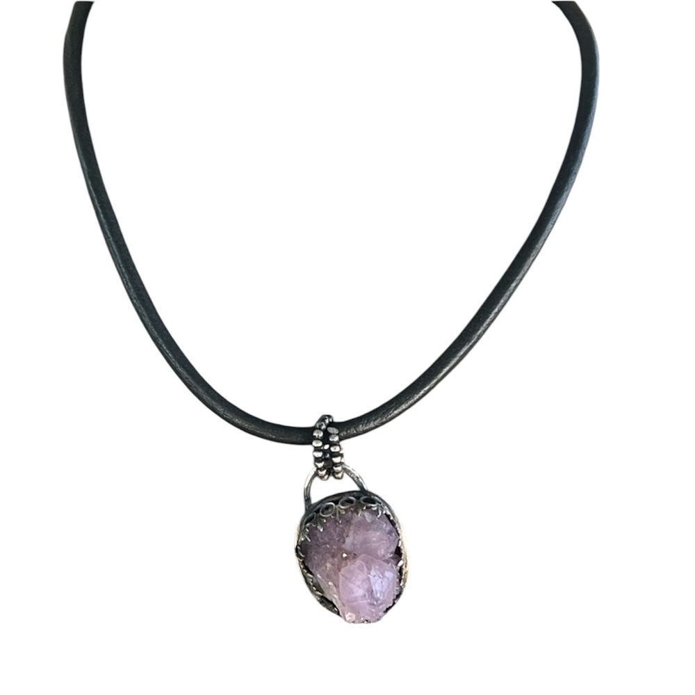 Raw Amethyst Crystal Pendant Necklace Black leather Gemstone handmade SS